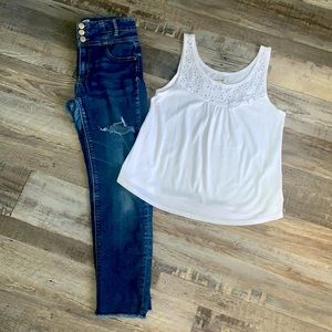Girls size 14 ripped skinny jeans with Abercrombie eyelet tank